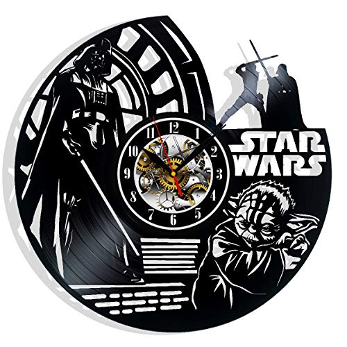 Star Decor Wars Vinyl Wall Clock With Epic Space Movie Characters Vintage Space Movie Heroes Themed Art Home Room Decorations Gift For Birthday Holiday Christmas 12” Lp Clock Black #TOP2