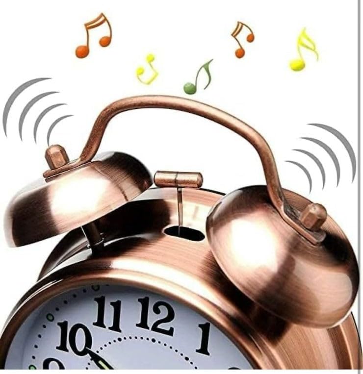 Image of Vintage Twin Bell Alarm Clock, Classic Retro Metal Table Clock, Roman Numeral Analog, Battery Operated, Antique Style, for Bedroom, Bedside, Office, Two Colour Bronze & Copper (Copper with Number)
