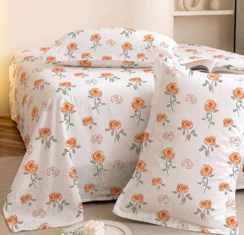 Image of SANMARINO 210TC Cotton King Size Bedsheet with 2 Pillow Covers | Premium Floral Print Design Flatsheet |Ultra Soft Breathable Skin Friendly Bedding Set for All Season Use 90 x 100 Inch,Peach Blossom