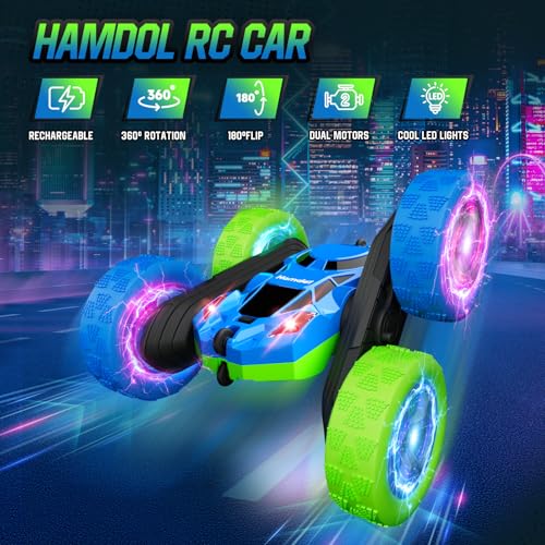 Image of Hamdol RC Cars Toys for Kids Ages 6-12, 360 Spinning Double-Sided Remote Control Car with LED Lights, 4WD Rechargeable Toy for Boys Age 8-10, Perfect Birthday Holiday Valentines Easter Gift