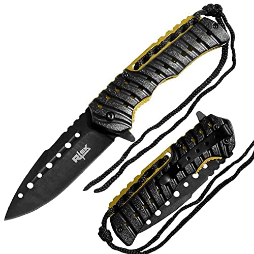 R-Tek RT110373 Partial-Paracord Handle High Performance Spring Assisted Folding Knife With Fluted Blade 10 colors Blue, Black, Red, Gold, Camo, Purple, Orange, Silver, Snow, Tree (Black/Gold)