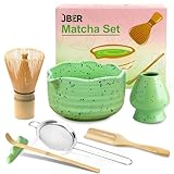 JBER Matcha Set, Matcha Tee Set 7 Teiliges - Bambus Matcha Besen, Besen-Halter und Matcha Schale mit Ausgießer, Sieb, Teelöffel und Löffel-Halter, Geschenk für Matcha Zeremonie (Mattes Grün)