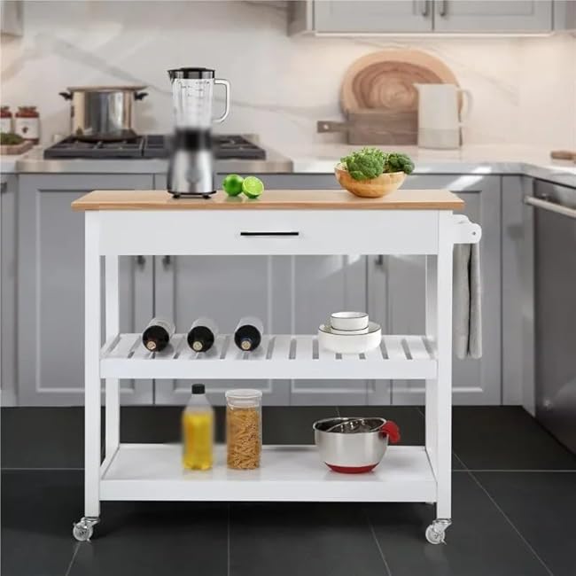 Wooden Kitchen Cart with Storage Shelves and Drawer Multi-Purpose Rolling Kitchen Furniture Rolling Storage Cart-QNjjjVol