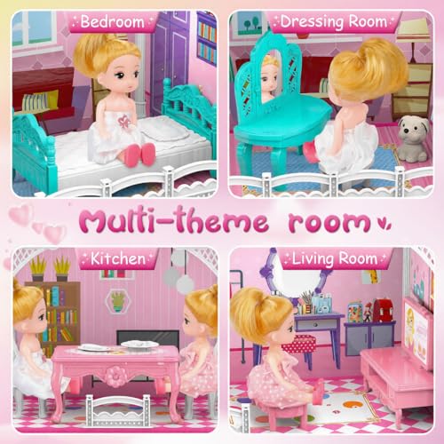 Image of Princess Doll House Building DIY Accessories, Furniture Pretend Play Gift Toys for 3 to 10 Year Old Girls Gify, Doll House Set for Girls, Doll House with 2-Story 4 Rooms, Kitchen & Furniture Set