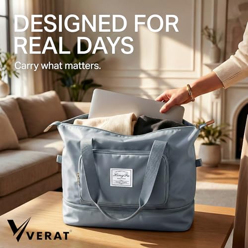 Image of 41L Expandable Travel Duffle Bag for Women | Waterproof Nylon Foldable Travel Bag | Overnight Luggage Handbag with Wet Pocket | Lightweight Carry-On Gym & Weekend Bag for Ladies (Blue)