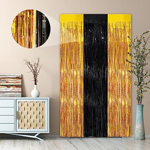 Image of Black Gold Streamer Tinsel Foil Fringe Curtains Streamer 2Pack 3.3X 8.3Ft Streamer Tinsel Streamer Curtains for Birthday Party Decors Wedding Bachelorette Bridal Shower Xmas Decors Streamers