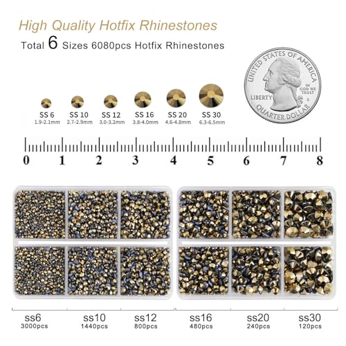 Image of BEADSLAND Hotfix Rhinestones, 6080PCS Gold Rhinestones for Clothes Crafts Mixed 6 Sizes with Wax Pencil and Tweezers Kit, SS6-SS30, Aurum