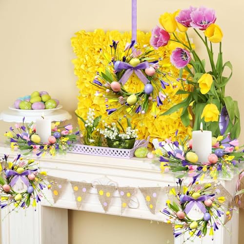 Image of Pillar Candle Ring Wreaths Mini Purple Lavender Table Centerpieces Wreath 9 Inch Wreath for Cabinets Artificial Farmhouse Lavender Wreaths for Front Door Porch Wall Window (6, Easter-2)