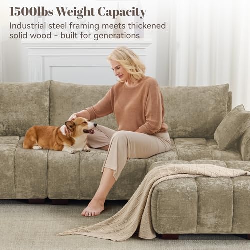Image of 112 inch Mid Century Modern L Shaped Couch, 3 Seater Modular Sectional Sofa with Movable Ottoman, Deep Seat and Solid Wood Legs, Cloud Couch for Living Room, Chenille Tufted Sofa, Brown