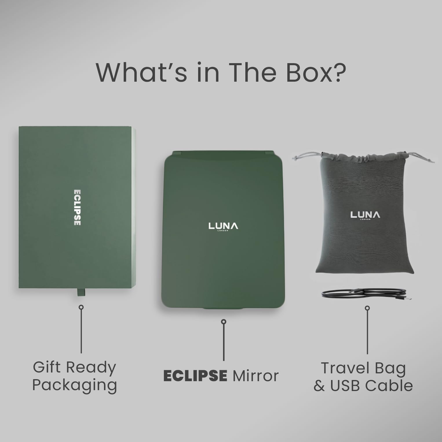 Luna London Eclipse - Espejo de Maquillaje de Viaje con luz LED, luz | de 3 colores, compacto, portátil, iluminado, recargable, espejo iluminado, perfecto para viajes, maquillaje y necesidades de