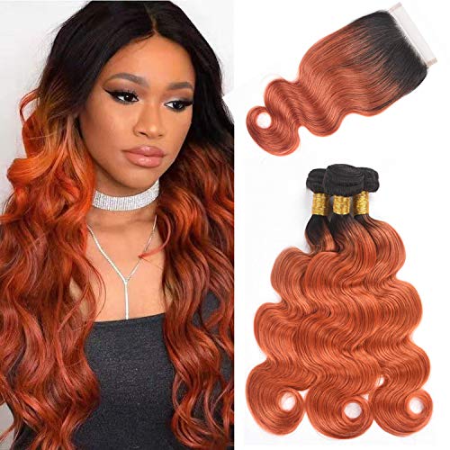 Brazilian Body Wave Human Hair Ombre Bundles With Closure, 2 Tone Virgin Brazilian Hair 3 Bundles With Closure 4x4 Lace Closure Hand Made (14 16 18 + 12, T1B/350)