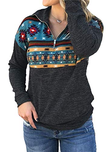 HOTAPEI Women's Fashion Geometric Zipper Sweatshirt Casual Long Sleeve Tops Blouses Gray