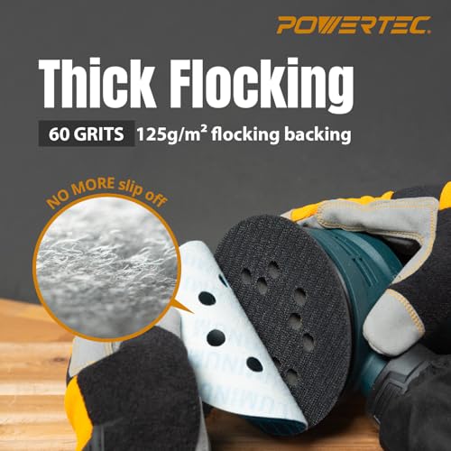 Image of POWERTEC 5 Inch 8-Hole Hook and Loop Diamond Shaped Sanding Discs, 50PK, 60 Grit for Random Orbital Sanders - J-Weight Cloth Backing for Long Life, Anti-Clog Sandpaper (44906)