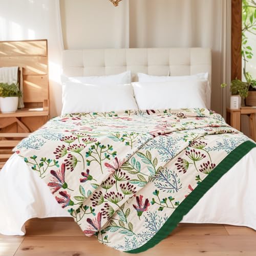 Image of VANJOROY Boho Throw Blanket, 100% Organic Cotton Breathable Ultra Soft 50 inch x 60 inch Bed Quilt Throw - All Season Floral Rustic Farmhouse Decor Luxury Reversible Blanket for Sofa Couch Chair and Gift