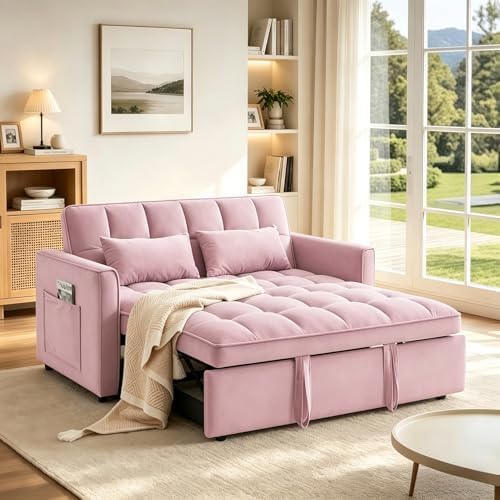 Trygoal Sleeper Sofa Bed with Adjustable Backrest & Side Pockets, Pink