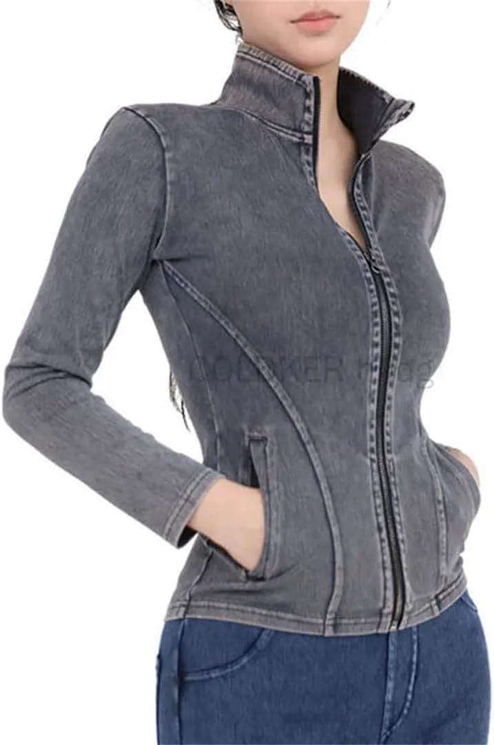 Top da donna in denim a maniche lunghe elasticizzato con cerniera intera, vestibilità aderente, con tasche, casual, con cerniera, abbigliamento sportivo per palestra e yoga