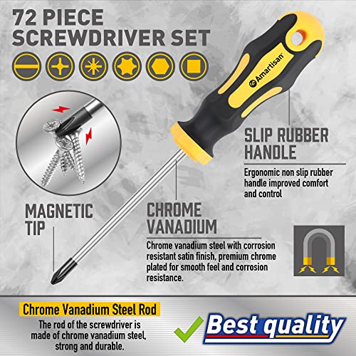 Image of Magnetic Screwdrivers Set with Case, Amartisan 72-piece Includs Slotted, Phillips, Hex, Square, Pozidriv,Torx Bits and Insulated Screwdriver Set (1000V), Tools for Men