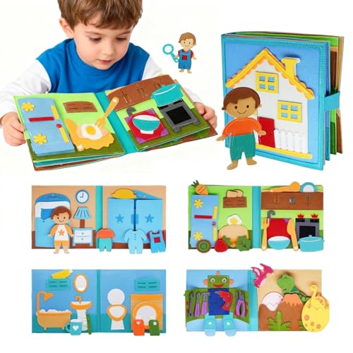 AYSOW Libro Sensoriale Montessori,Libro in feltro 3D per Bambini 1-6 Anni,Gioco Educativo per Sviluppare Fantasia e Manualità,Ideale per Viaggi e Regali (BOYS)