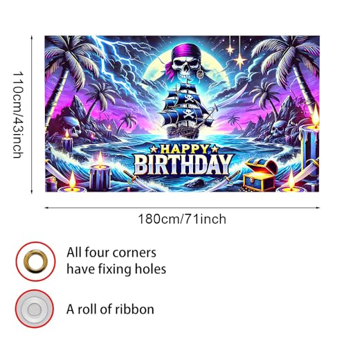 Image of Happy Birthday Backdrop Pirate Ship Skull Treasure Neon Photography Background 70.8x43.3in Boys Kids Party Decorations