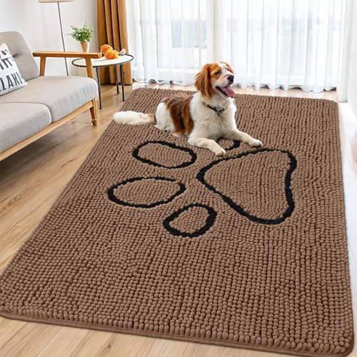 Image of Smiry Dog Door Mat for Muddy Paws, Absorbent Dirt Trapper Non Slip Quick Dry Washable Chenille Mat for Mud Dogs, Entry Rug for Indoor and Outdoor (71x46 Inches, Coffee and Black)