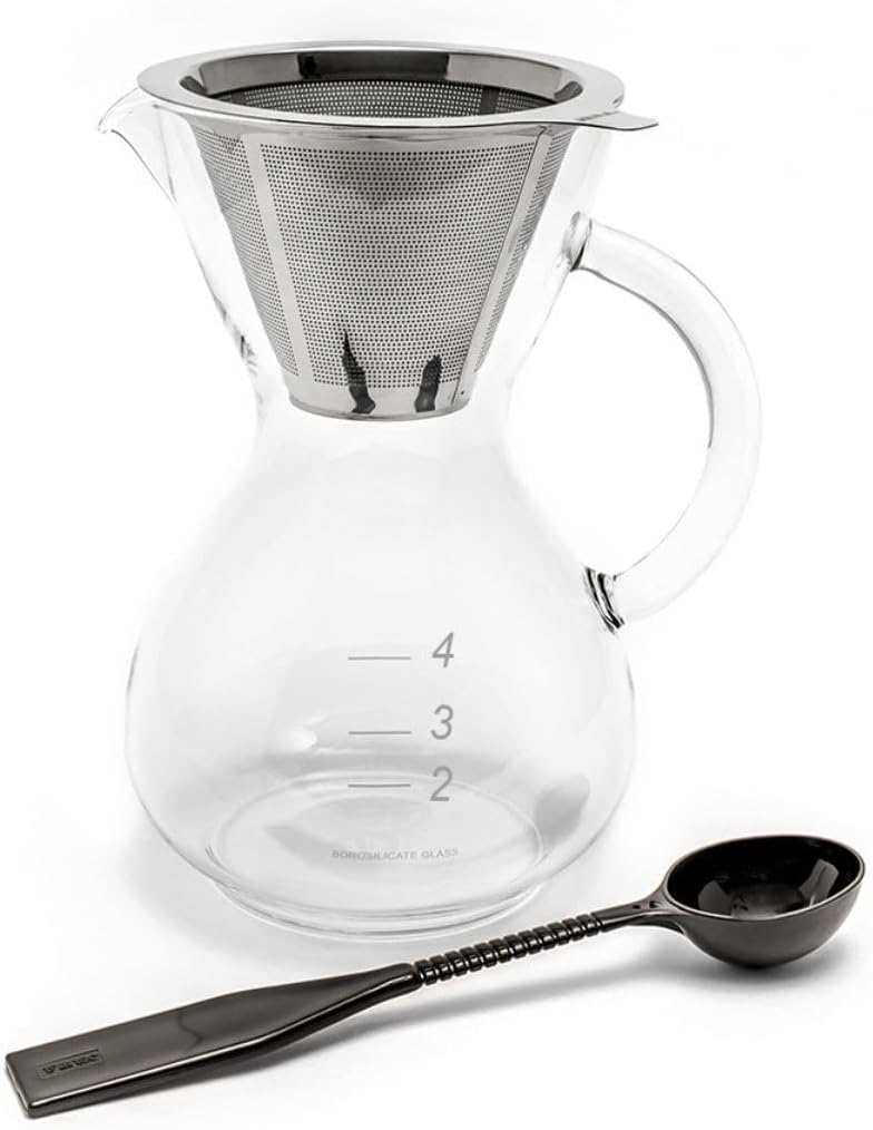 Yama Glass Yama Coffee Glass 20oz Pour Over Drip Pot With Reusable Stainless Steel Filter Cone, Heat Sleeve, Hand Blown in Taiwan