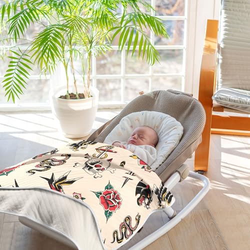 Image of Old School Tattoo Baby Blanket Cotton Cozy Throw Blanket Warm Nursery Swaddle Receiving Toddler Blankets 30 inch x 40