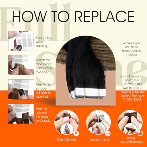 Image of Full Shine Hair Extensions Remy Tape in Hair Extensions Human Hair 14Inch Tape in Extensions Black To Brown Mixed Blonde Hair Extension Seamless Straight 50G 20Pcs for Women