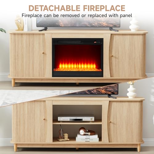 Image of Fireplace TV Stand, Fluted TV Stand with Storage and Sliding Door, Farmhouse Entertainment Center Media Console Table for Living Room (Natural)