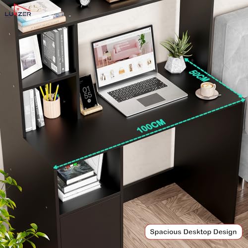 Image of Lukzer ST-009 Black Multi-Purpose Computer Desk with Bookshelf | Engineered Wood | Study Table for Students & Adults | Laptop Table for Home Office Gaming & Workstation | (100x50x134 cm)