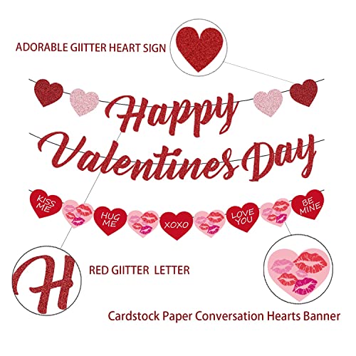 Image of FestikoHappy Valentines Day Banner, Valentines Day Decoration-Red Pink Glitter, Valentines Day Banner,Conversation Hearts Decor,Hearts Garland Banner, Valentines Garland,Candy Hearts Decorations