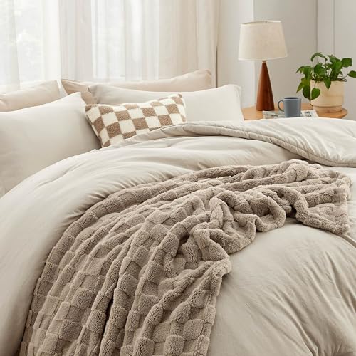 Bedsure Comforter Full Size 5 Pieces - Full Size Comforter Set with Checkered Throw Blanket and Decorative Pillow, Lightweiget Bedding, All Season Bedding Sets, Linen Beige