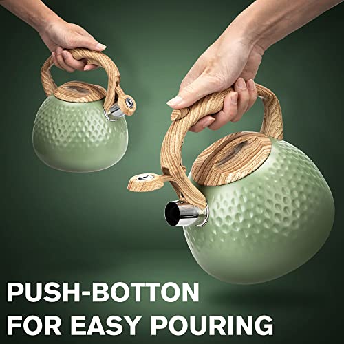 Tea Kettle, 2.6 Quart Green Finish With Wood Pattern, Stovetop Whistling Tea Pot，Food Grade Stainless Steel Teapot, Anti-Hot Handle #TOP4