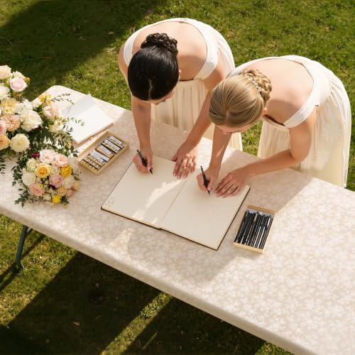 Image of Smiry Waterproof Heavy Duty Vinyl Fitted Tablecloth for 51 inch-62 inch Round Table | Elastic Plastic Table Cloth, Wipeable Washable Floral Patio Table Cover for Picnic, Kitchen and Dining, Beige