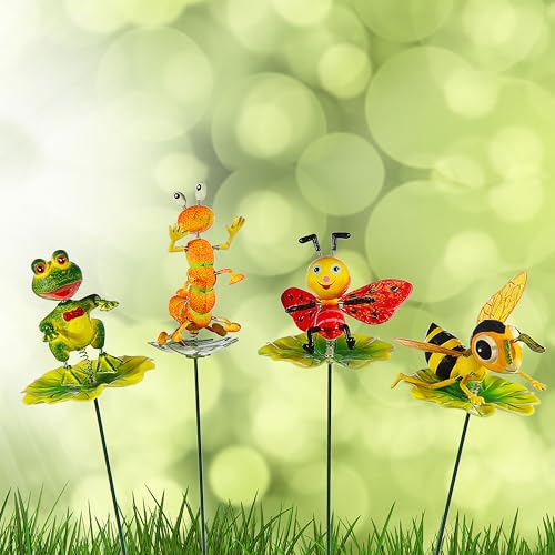 4er Set Blumenstecker Tiere auf Blatt | H60cm Eisen Polystyrol bunt | Biene Frosch Raupe Marienkäfer beweglich | Gartendeko (4)