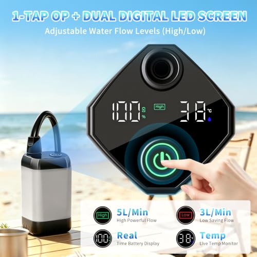 Ducha portátil para camping con calentador – Bomba de agua caliente recargable 6000mAh con pantalla LED, 3 modos de spray, para camping al aire libre, RV, baño de mascotas, lavado de autos, viaje miniatura 3