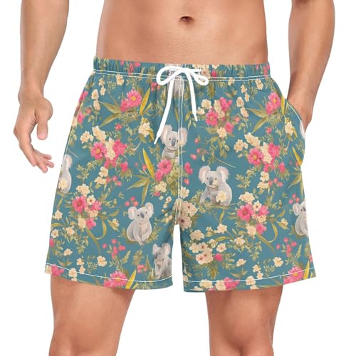 Koala Flowers Retro Green Mens Beach Shorts Men 2 in 1 Board Shorts Phone Pocket Lightweight S