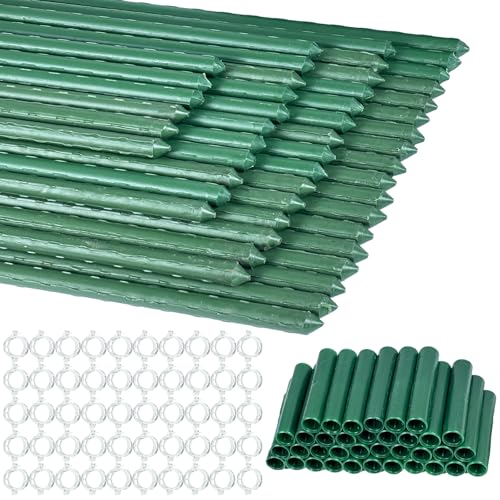 50 Pflanzstäbe Rankhilfe 11 mm x 40 cm Kunststoffbeschichtete Stahlrohre Robust und Langlebig mit 36 Verbinder 50 Transparenten Clips für Erbsen Gurken Tomaten