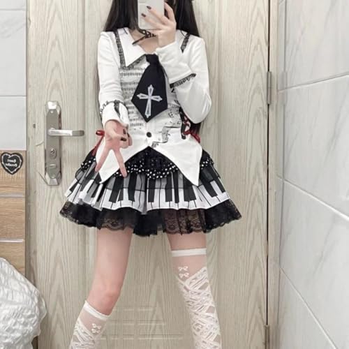 Womens Pleated Y2k Cute Skirt Elastic Waist Black and White Piano Key Trendy Polka Dot Lace Lotus Skirt3