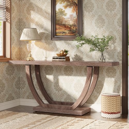 Image of Tribesigns 63-Inch Wood Console Table with Geometric Base, 2-Tier Farmhouse Sofa Table Narrow Long, Thickened Behind Couch Table with Shelves for Living Room Foyer Corridor (Dark Brown)