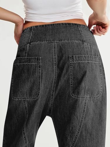 Cicy Bell Womens Wide Leg Cropped Jeans Baggy Boyfriend Smocked Mid Rise Harem Denim Pants3