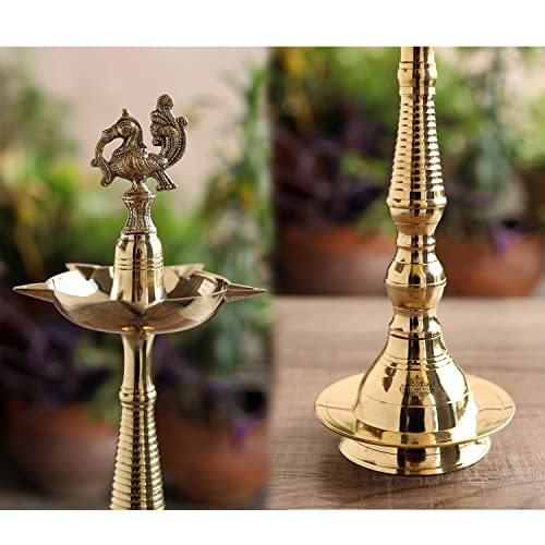 Image of Indian Art Villa Pure Brass Shine Finish Stand /Pillar Diya /Deepak /Lamp /Lantern with Peacock Design, Pooja, Home Decor & Diwali Gift Item, Height-16 Inches, Set of 2
