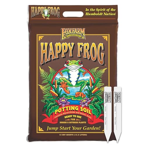 FoxFarm Happy Frog Potting Soil with 2 Plant Tags 12 Quarts Ready-to-Use Amended Container Blend with Soil Microbes Earthworm Castings & Bat Guano for Indoor & Outdoor Plants