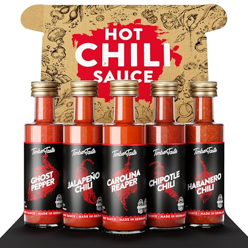 TIMBER TASTE® Chili Sauce Geschenkset [5x40ml] | Hot Sauce Chili Set für Schärfeliebhaber | Weihnachts-geschenk für Männer & Frauen | Geschenkideen zu Weihnachten & Geburtstag | Saucen Geschenkbox