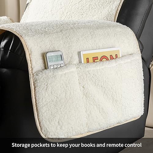Image of STONECREST Recliner Chair Cover, Faux Fur Sherpa Slipcover, Stay in Place (White /Beige, 23 inch Regular Recliner)