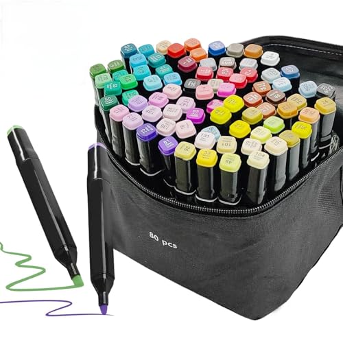 PLOFY Drawing Markers 80+3 Color Dual Tip Art Alcohol Markers Set for Adults - Permanent Felt Pens for Drawing, Sketching, Anime, Manga with Carrying Case & Storage Base
