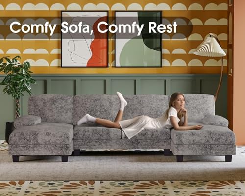 FODGOO Sectional Couches for Living Room, U-Shaped Sofa Couch with Linen Fabric, 4 Seat Sofa Set with Double Chaise for Apartment (Fabric, Grey) - 2