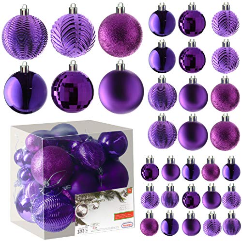 Prextex Purple Christmas Ball Ornaments for Christmas Decorations - 36 Pieces Xmas Tree Shatterproof Ornaments with Hanging Loop for Holiday and Party Decoration (Combo of 6 Styles in 3 Sizes)