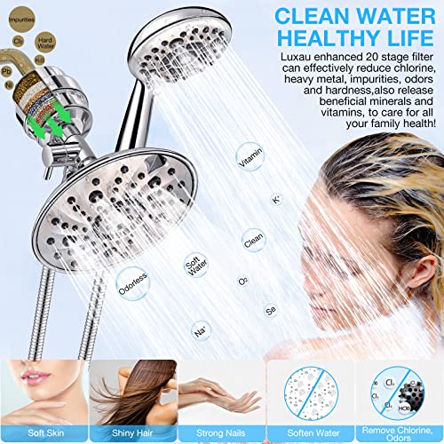 Dual Filtered Shower Head Showerhead With Handheld Sprayer Filter Combo, Luxau Filtration Rain Rainfall, 20 Stage Water Filter For Chlorine Well Water Hair Dry Skin, Metal Diverter, Hose, Chrome (S40) #TOP2