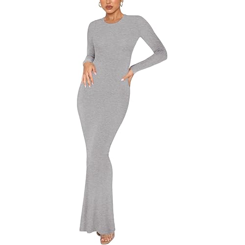 REORIA Women's Sexy Crew Neck Lounge Long Dress Elegant Long Sleeve Ribbed Bodycon Maxi Dresses