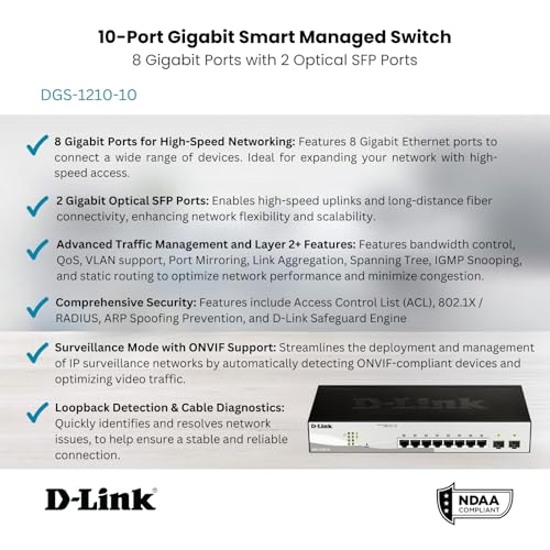Image of D-Link 10-Port Gigabit Smart Managed Switch | 8 GbE + 2 SFP Ports | L2+ | VLANs | Cable Diagnostics | Web Managed | Desktop or Rackmount | Fanless | NDAA Compliant | Lifetime Protection (DGS-1210-10)